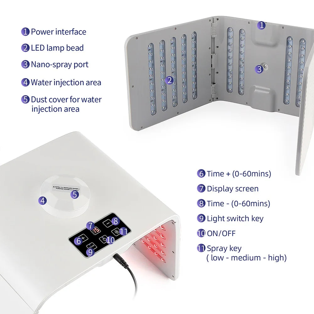 Foldable 7 Color LED Photon Facial Body Beauty Machine Skin Rejuvenation Light Nano Spray Equipment Home Skin Care SPA Instrument
