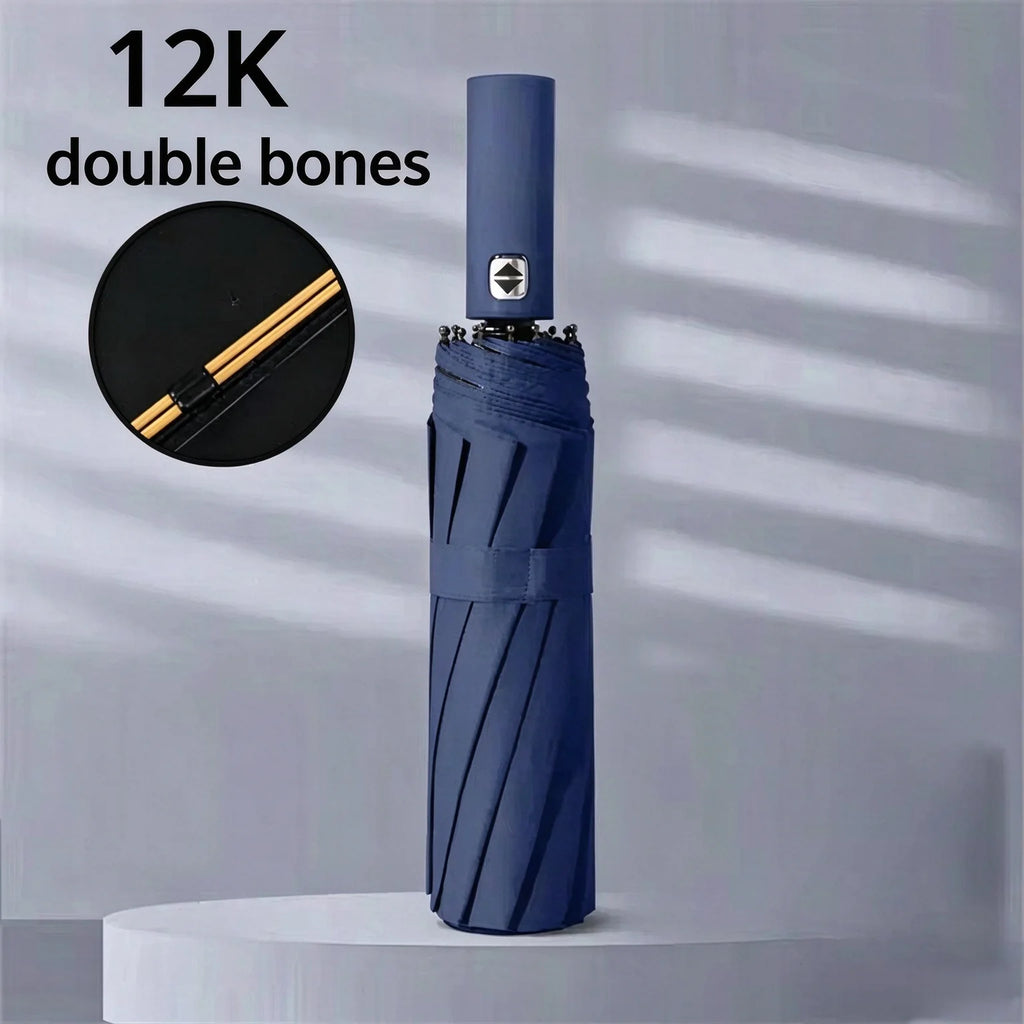 12 Bone Double Bones Black Glue Fully Automatic Umbrella, Rain & Sun Dual Use Three Fold, Sturdy Keel, UV Protection