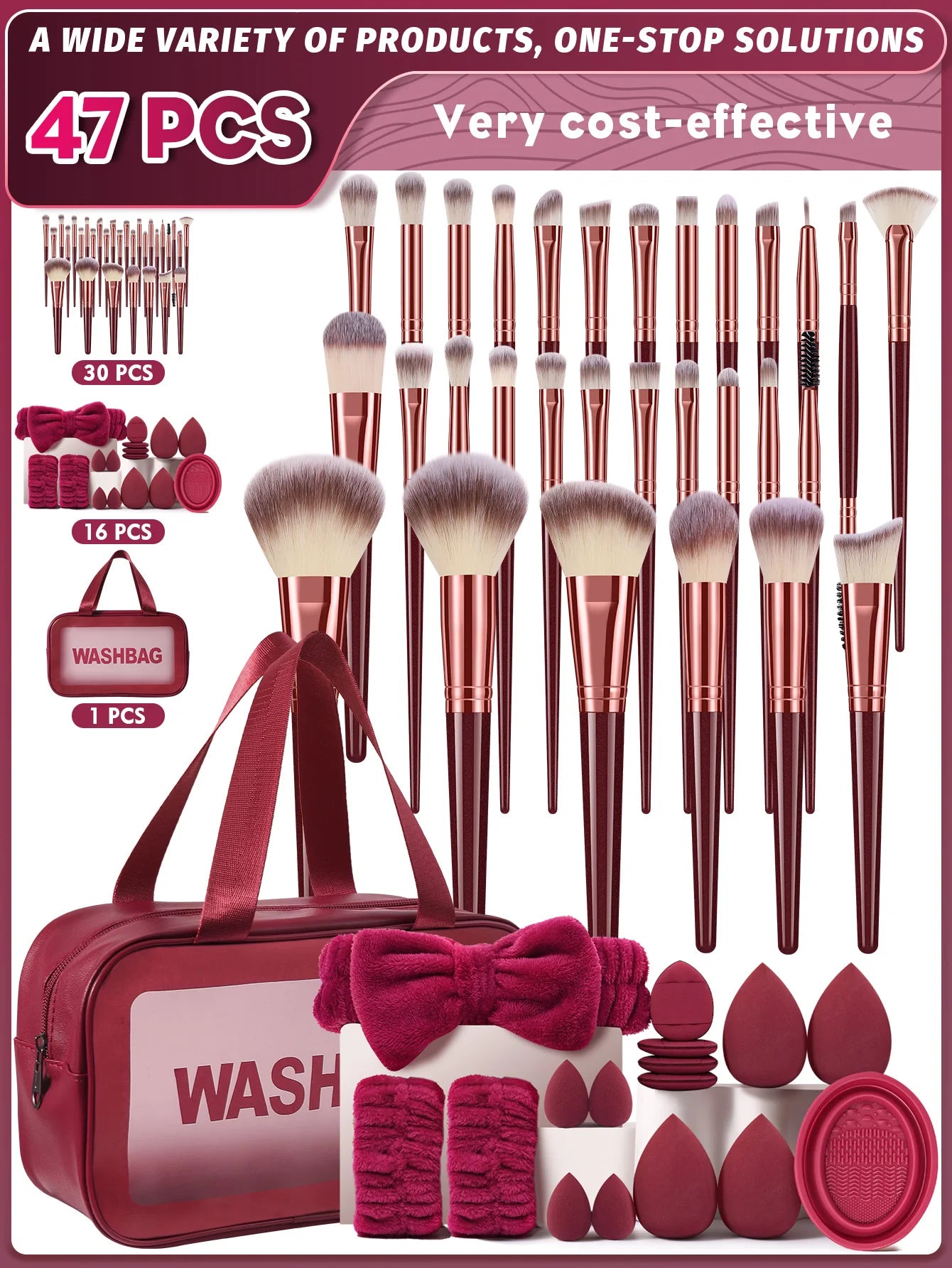 47PCS Makeup Tools:30PCS Makeup brush set+5PCS Makeup Tools+12PCS Makeup Sponges