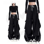 Y2K Black Striped Women Cargo Pants Korean Fashion Wide Leg Baggy Trousers Streetwear Autunm Harajuku Hip Hop Oversized Loose