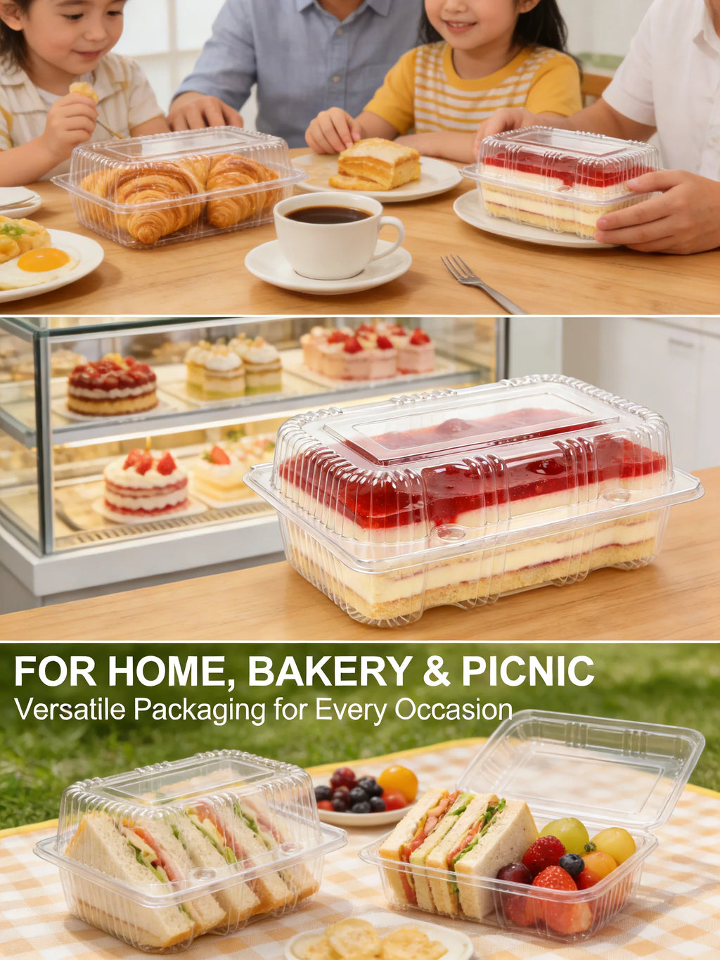 50Pcs Clear Plastic Food Containers - Disposable Clamshell Boxes for Fruit Salad Sandwich Dessert Takeout Picnic Party