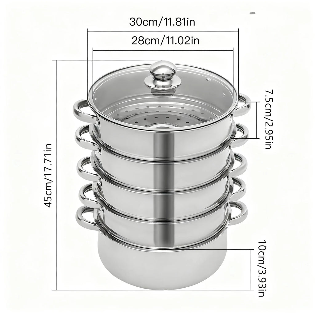 5-Tier Stainless Steel Steamer Cookware Cooking Pot Tier 4 Steaming Grids 1 Cooking Pot 28cm/30cm/26cm Steamer Pot