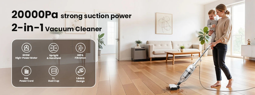 Vastorm R7 Corded Vacuum Cleaner 600W 20Kpa Powerful Suction Household Handheld Stick Vacuum Portable 3 in 1 Lightweight Cleaner 5M Long Cable Bagless Upright Vacuum for Hardwood Floor Carpet Pet Hair Cleaning
