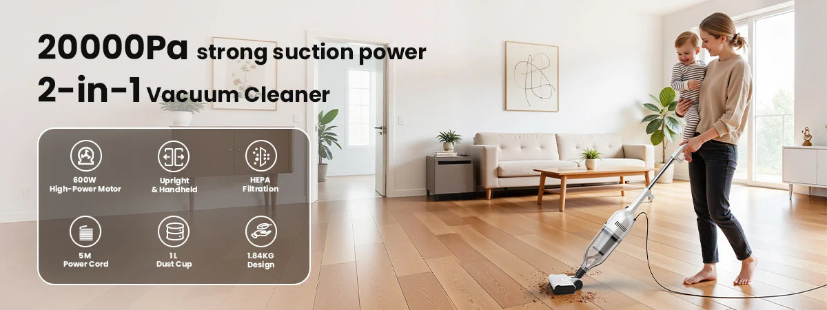 Vastorm R7 Corded Vacuum Cleaner 600W 20Kpa Powerful Suction Household Handheld Stick Vacuum Portable 3 in 1 Lightweight Cleaner 5M Long Cable Bagless Upright Vacuum for Hardwood Floor Carpet Pet Hair Cleaning