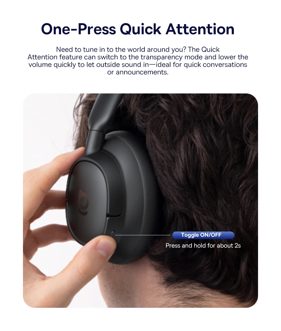 Baseus Bass Wireless Headphones Bluetooth 6.0 98% Noise Canceling Over Ear Headset Spatial Audio Earphone 80H Time