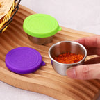 1 stainless steel dipping sauce cup, seasoning dish with leak-proof silicone lid, reusable salad dressing food container