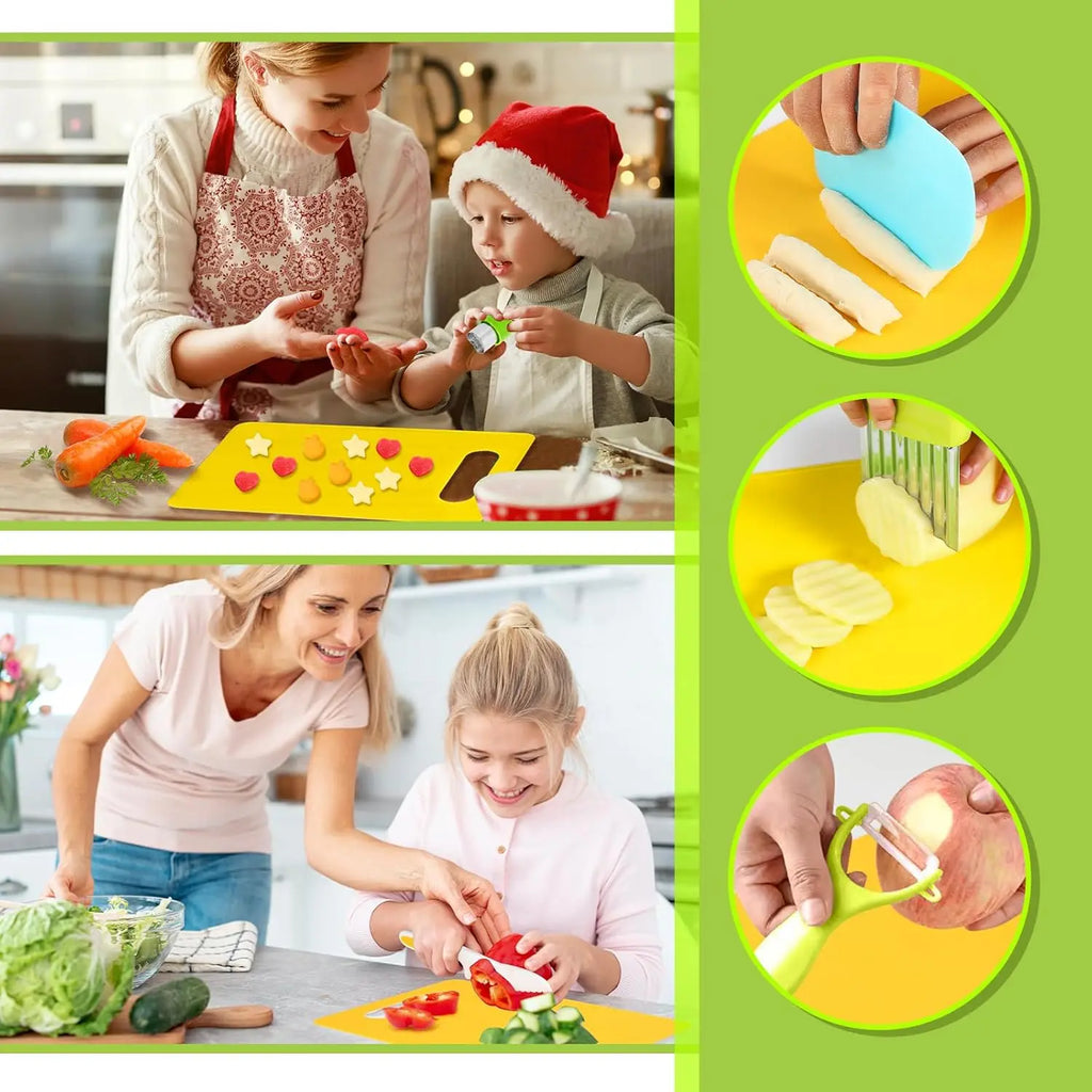 9 Pcs /13 Pcs Kids Kitchen Knife Set, Kids Knives For Real Cooking With Cutting Board, Y Peeler, Crinkle Cutter, Sandwich Cutter, Serrated Edges Plastic Toddler Knife Kid  Knives