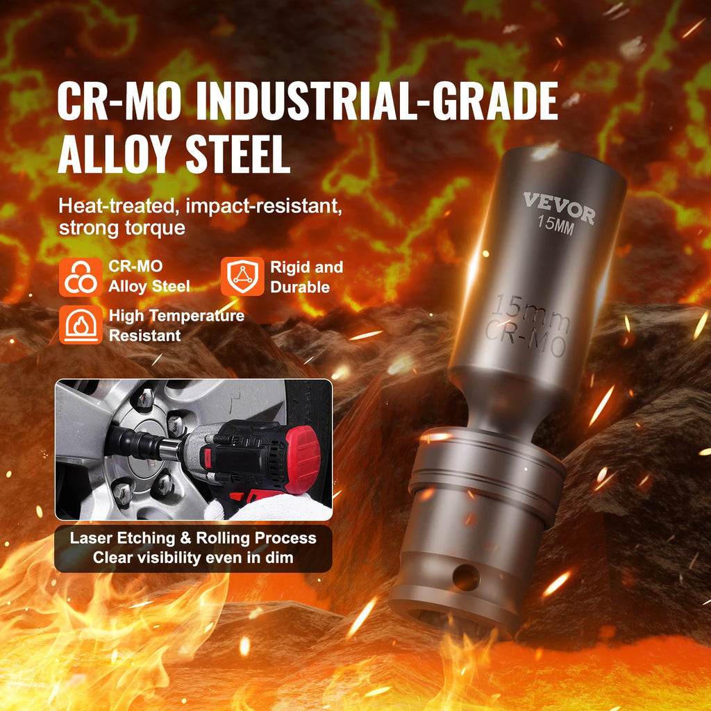 SucceBuy 360 Degree Swivel Impact Socket Set 3/8" Socket Set Deep Universal Metric 10-19mm 6 Point Cr-Mo Alloy Steel for Repair