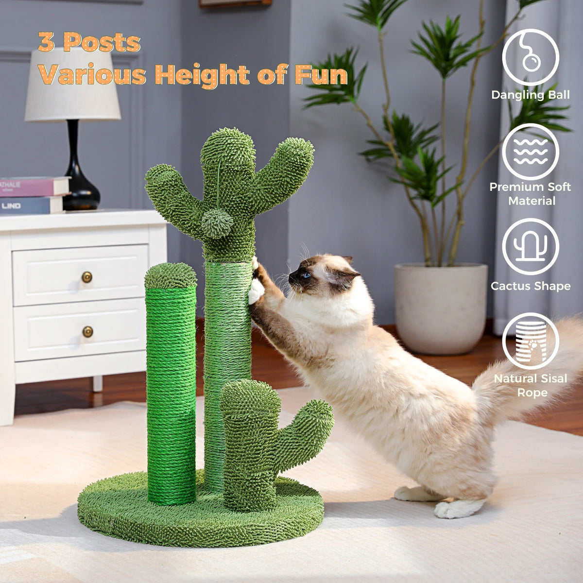 Cactus Cat Scratcher Cat Scratching Post Cactus Cat Scratcher Featuring with 3 Scratching Poles and Interactive Dangling Ball