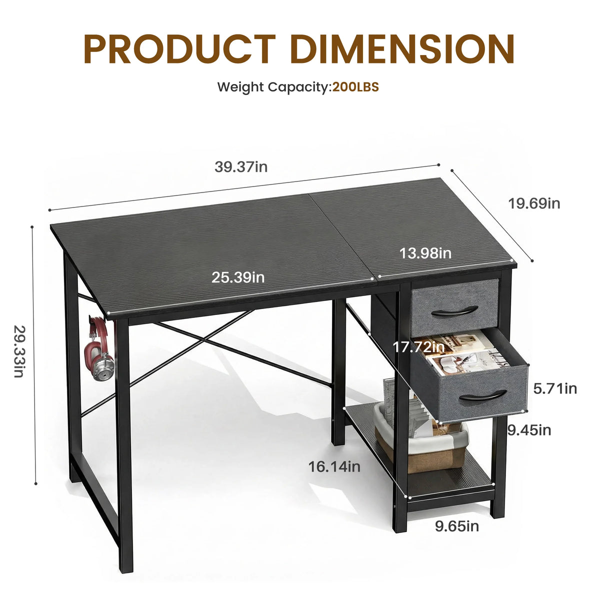 MCQ 40 Inch Standing Office Computer Desk with Drawers and Side Hook Ergonomic Gaming Desk With Storage X‑Frame Stability For Home Office Small Space