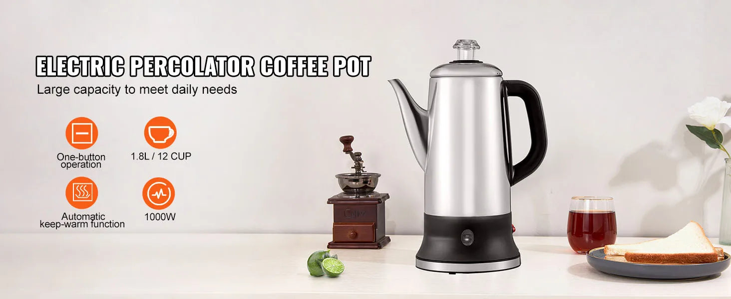 SucceBuy 12-Cup Electric Percolator Coffee Pot 304 Stainless Steel Coffee Percolator with Keep Warm Function