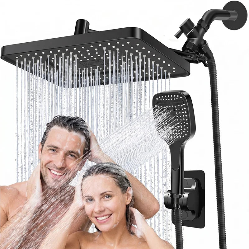Matte Black Dual Shower Head System,11 Inch Rain Shower Head with 180° Adjustable Extension Arm,3‑Modes Anti‑Low‑Pressure Handheld Shower with Sand Filter,No Drill Adhesive Bracket Complete Bathroom Shower Kit for ever