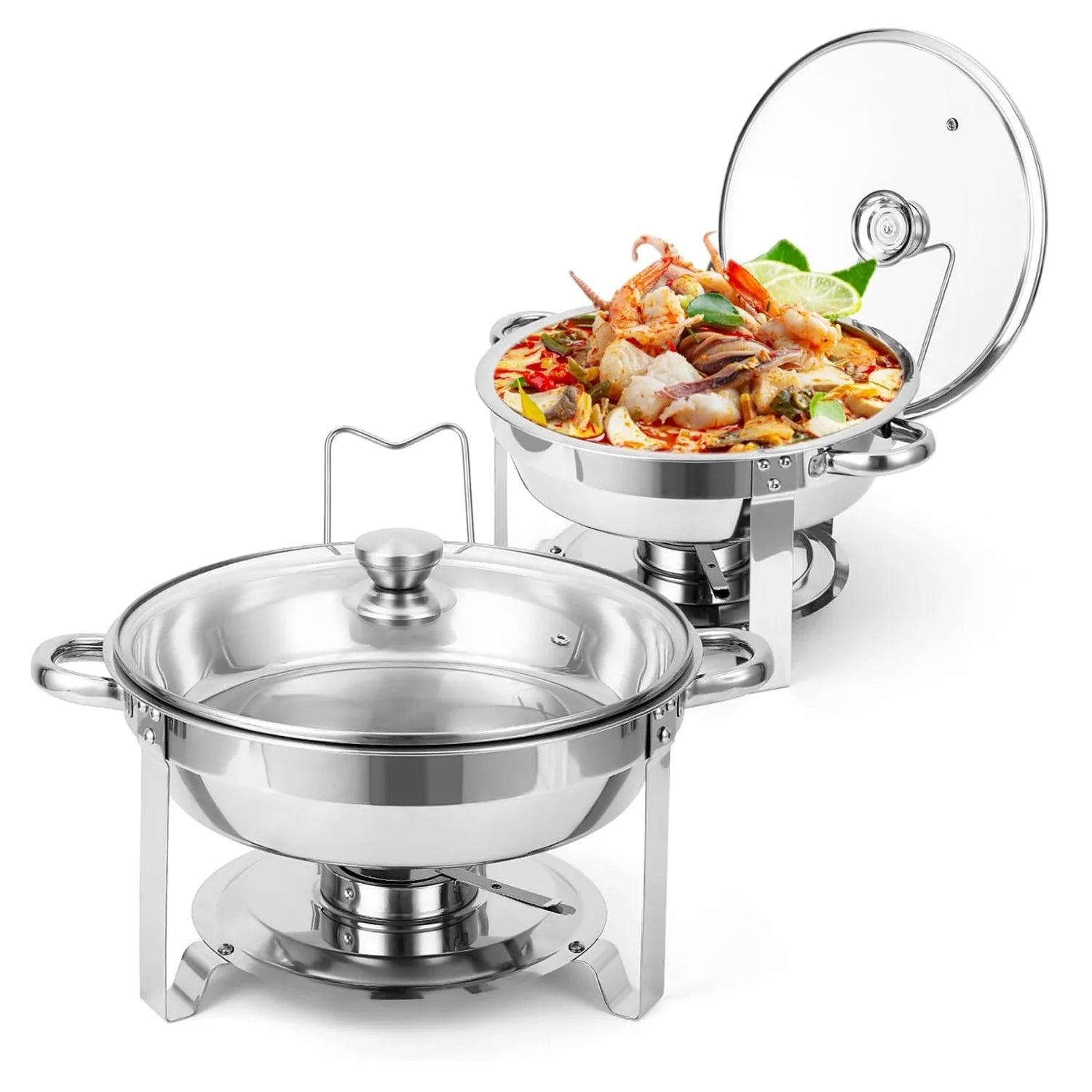 2/4 Pack Chafing Dish Buffet Set, 5QT Buffet Servers and Warmers, Round Catering Warmer with Glass Lid & Lid Holder for Party