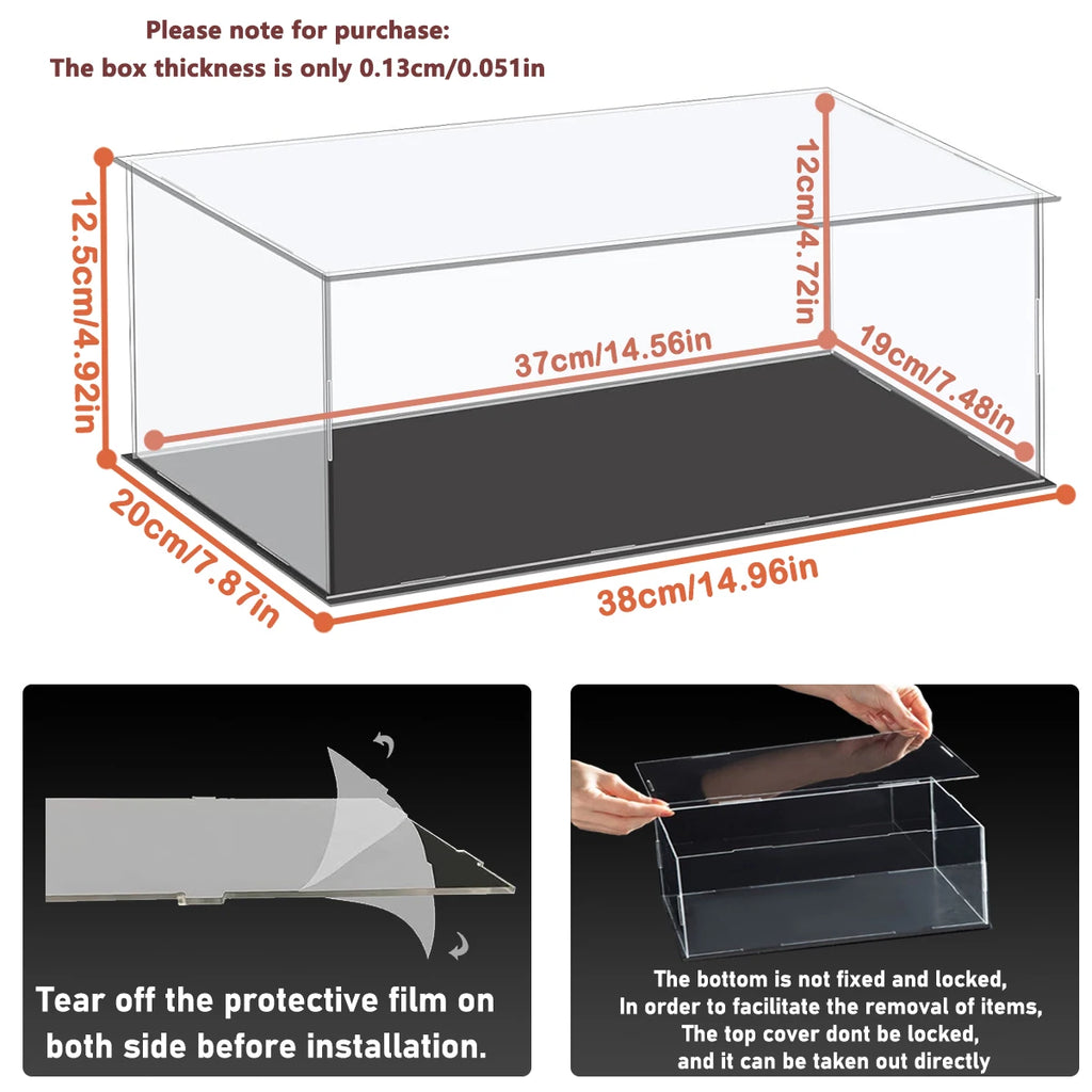 1:14 Scale Transparent Acrylic Display Box, Suitable for the Protection and Display of Toy Car Models, Building Blocks, Small Collectibles, and Figurines (Inner Dimensions 37X19X12Cm)