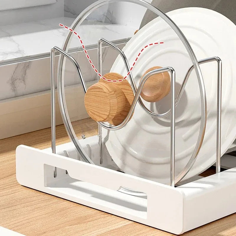 Expandable Kitchen Pot Pan Organizer Under Cabinet with 7 Adjustable Dividers Food Storage Container Lid Storage 1 Pack