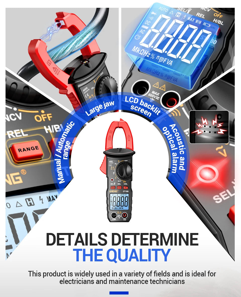 ANENG ST180 Digital Clamp Meter 4000 Counts Multimeter AC Current NCV Capacitance Resistance Frequency Tester Measurement Tool