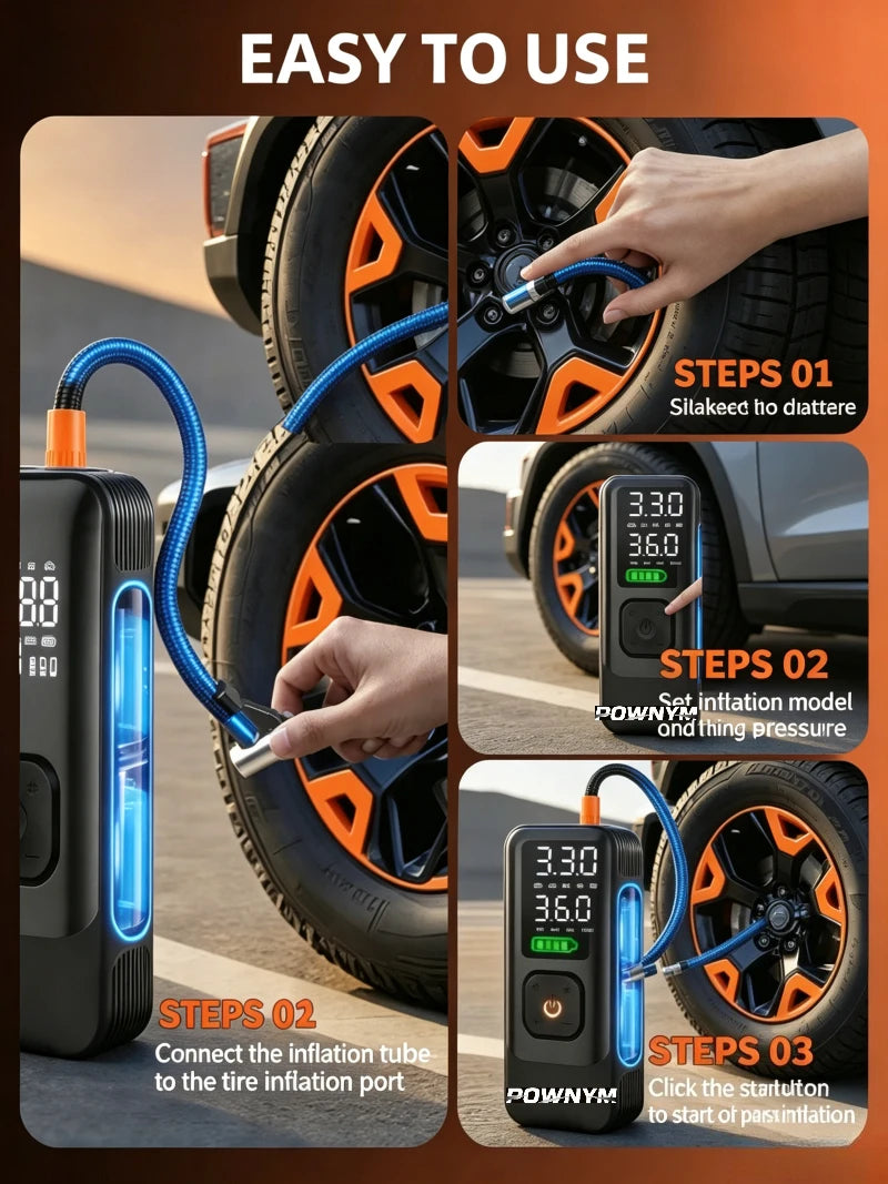 POWNYM Wireless Tire Inflator Air Compressor, Portable 2-in-1 Jump Starter with Digital Pressure Gauge, LED Light & Multi Nozzles for Car Motorcycle Bike Sports Balls