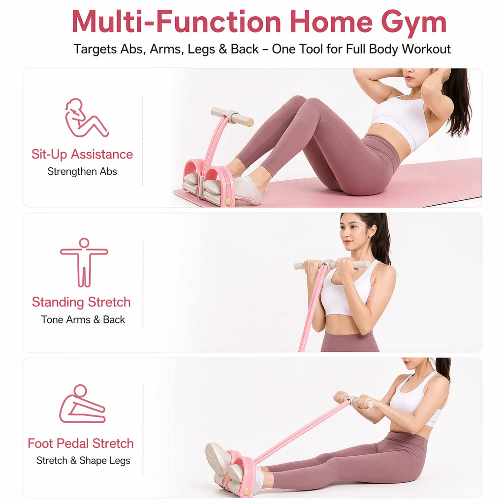 Pink 6-Tube Foot Pedal Resistance Band Space-Saving Figure Sculpting Tool Portable Home Fitness for Ab Core Back Shaping