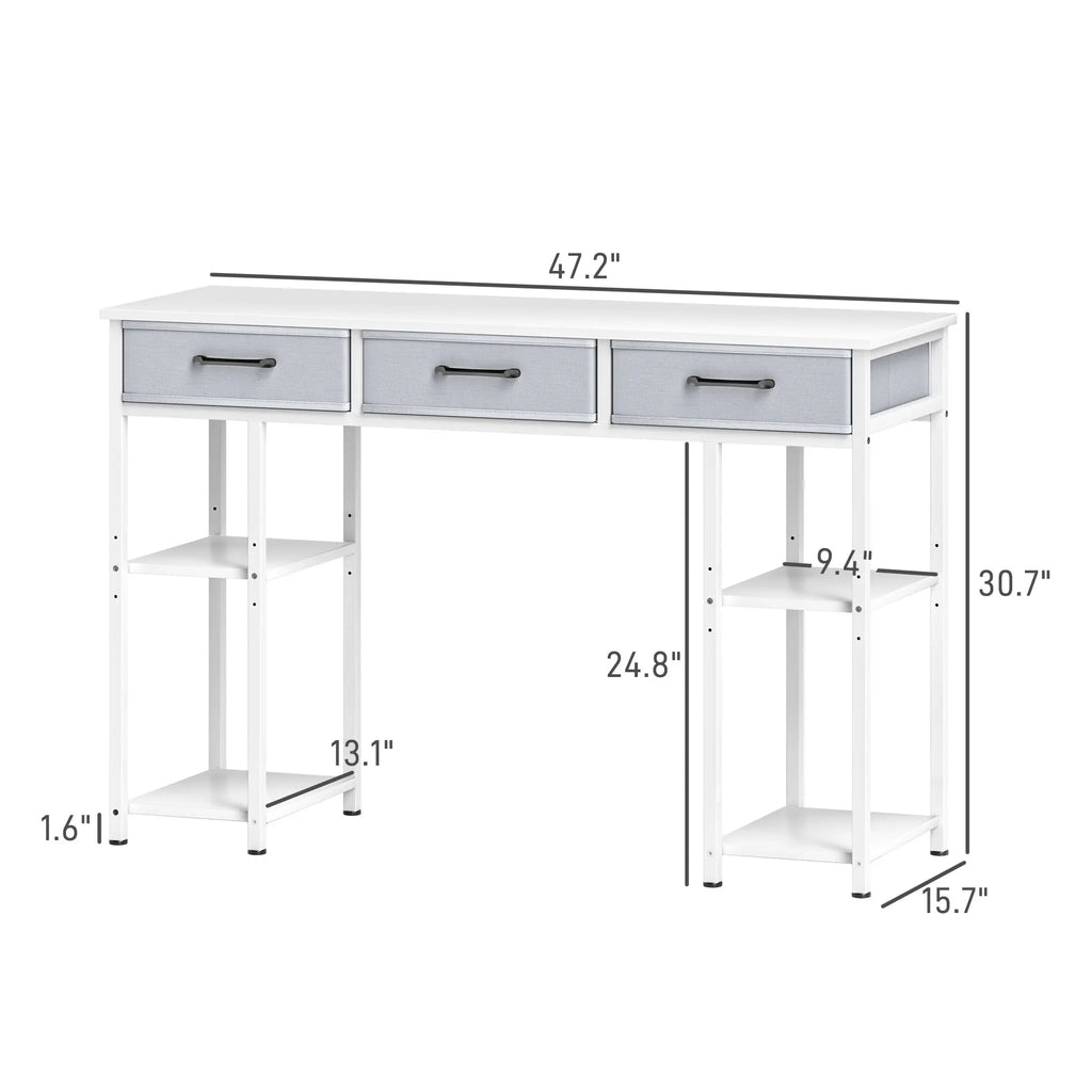 47" Computer Desk with 3 Fabric Drawers, Home Office Desk with Adjustable Shelves, Small Writing Desk with Storage, White