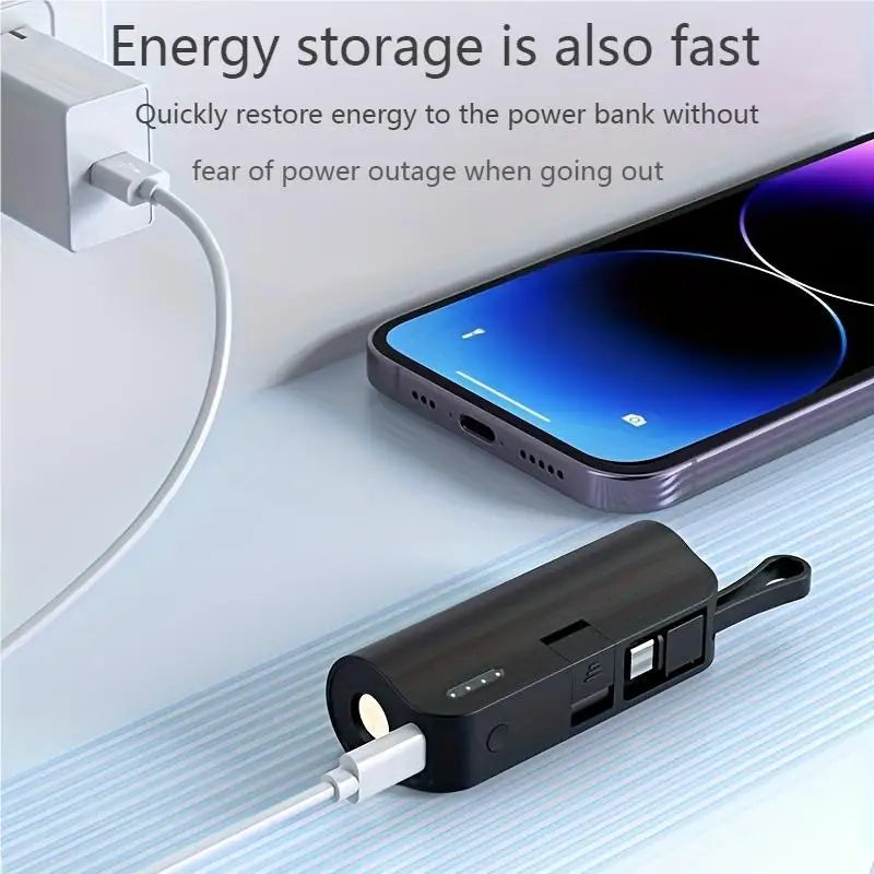 Mini portable 5000mAh power bank with built-in cable charging port, built-in LED lighting lamp, and built-in stand function
