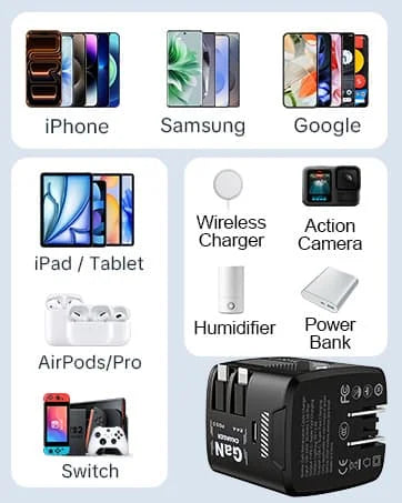 W & O 60W GAN Fast Charger for iPhone, Retractable Phone Charger Wall Plug with Type‑C & Compatible Lightning Cables, for iPhone 17/16/15, Galaxy S25/24, Android Devices