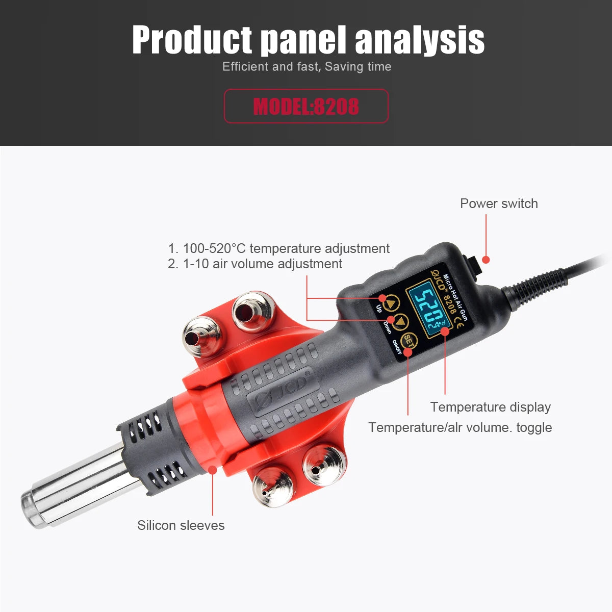 JCD 750W Micro Heat Gun Rework Soldering Air Station LCD Digital Hair Dryer 220V 110V For BGA SMD Hot Air Soldering Tools 8208