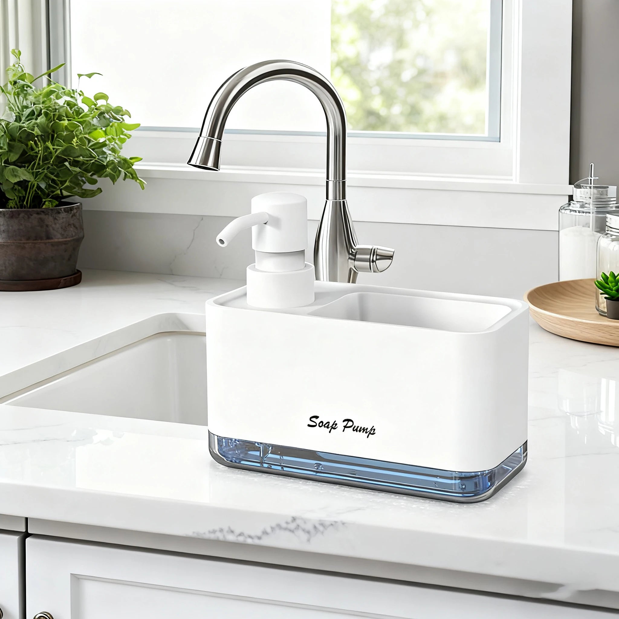 Kitchen dish soap dispenser with sponge holder, kitchen liquid soap dispenser with sponge storage