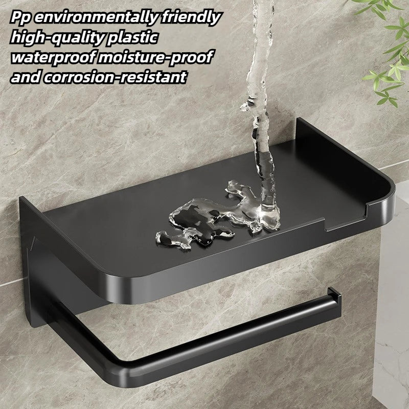 ‌Wall-Mounted Toilet Paper Holder with Phone Rack - No Hole Installation, Space-Saving Storage for Bathroom, Sturdy Stand