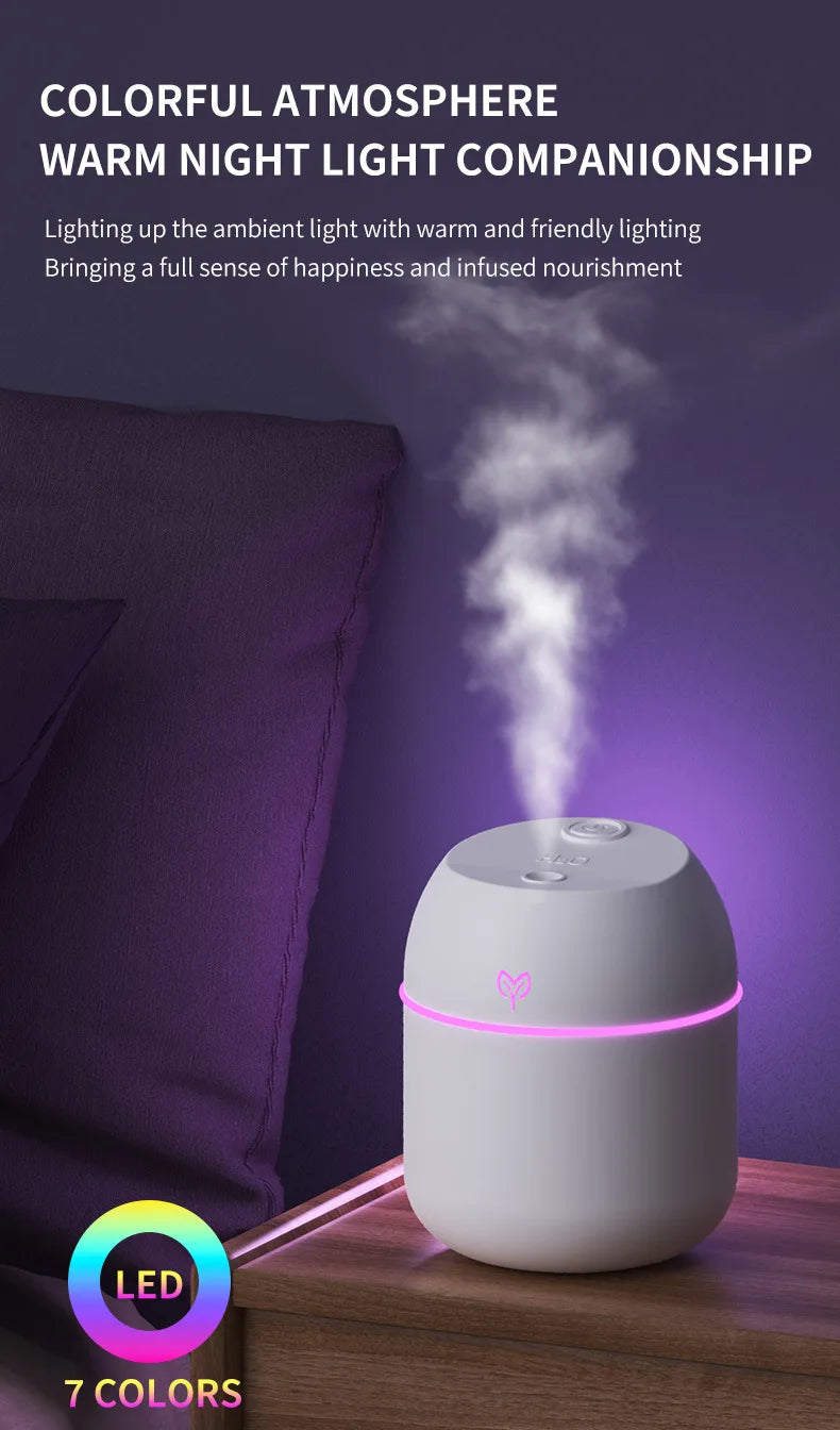 250ML Mini USB Air Humidifier Aroma Diffuser Essential Oil Cool Mist Maker RGB LED Night Light Quiet for Home Car Office Bedroom