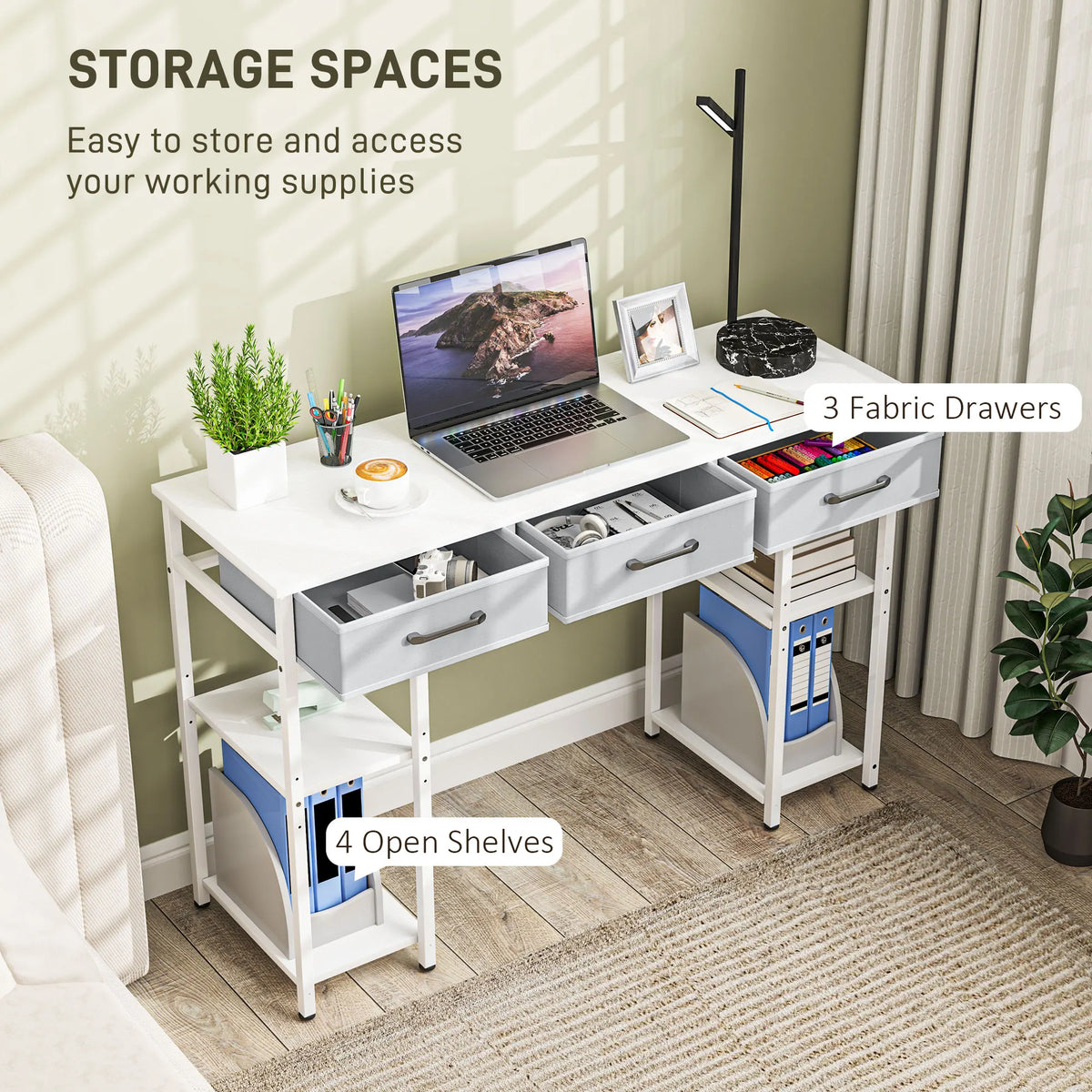 47" Computer Desk with 3 Fabric Drawers, Home Office Desk with Adjustable Shelves, Small Writing Desk with Storage, White