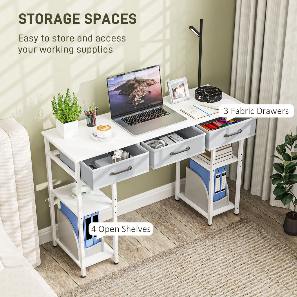 47" Computer Desk with 3 Fabric Drawers, Home Office Desk with Adjustable Shelves, Small Writing Desk with Storage, White