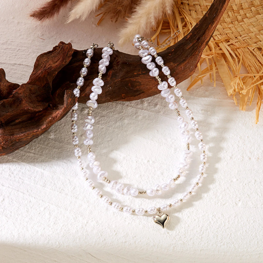 Rinhoo Double Layer Imitation Pearl Choker Necklace for Women Elegant Heart Pendant Necklace Versatile Jewelry Gift