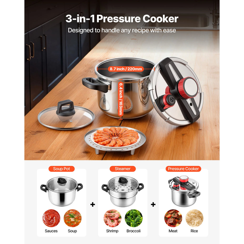 SucceBuy 6.3 8 10 12 Qt Pressure Cooker Stainless Steel Pressures Canner with Steaming Rack Tempered Glass Lid for Meat, Beans,