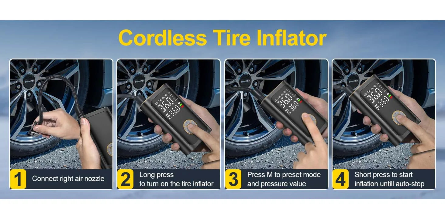 Inflator Portable Air Compressor Cordless Mini Bike Pump with Digital Dual Values Display, 150 PSI Car Tires Air Pump with LED