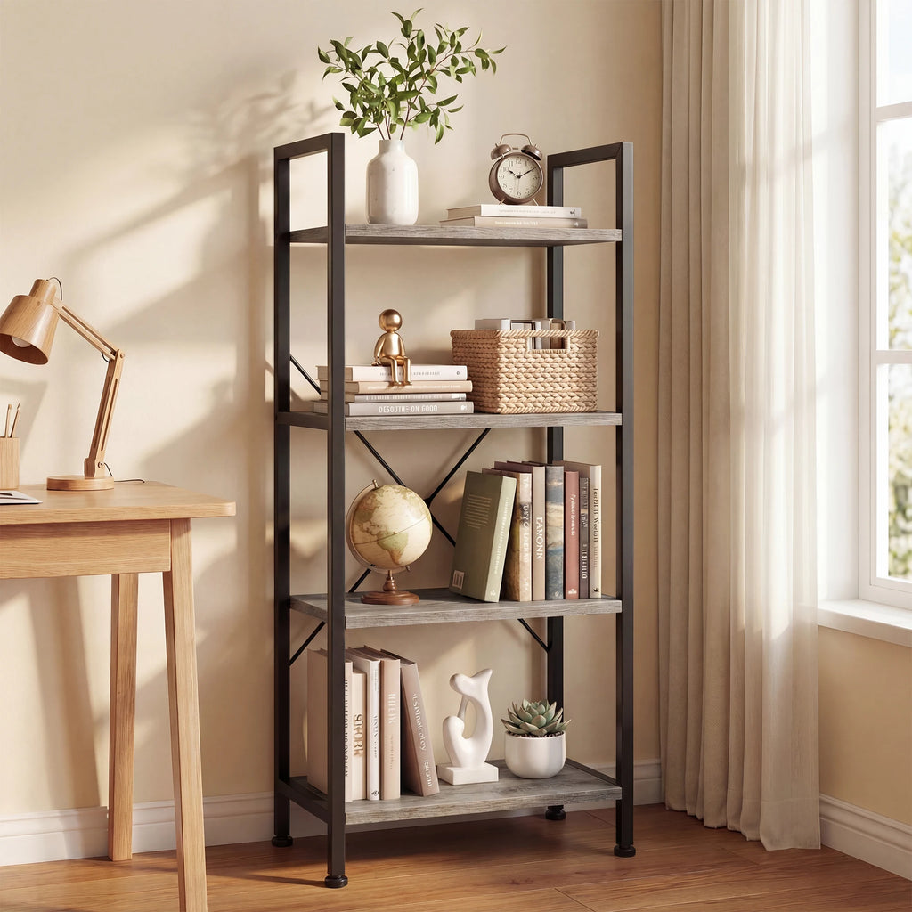 MCQ 4Tiers Metal Classic Bookshelf Freestanding Tall Display Shelf Wooden Storage Tall Display Shelves Bookshelf Sturdy Structure Graduated Shelves Adjustable Feet for Home