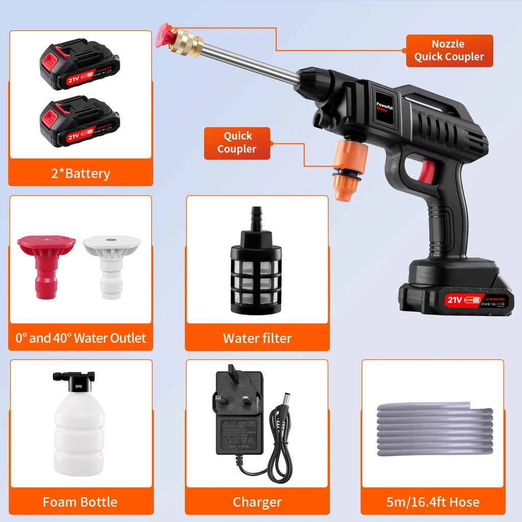 21V Cordless High Pressure Washer 60Bar Portable Wireless Cleaner with 2 Batteries Foam Cannon & Nozzles Handheld Washer for Car Garden Patio Outdoor Cleaning