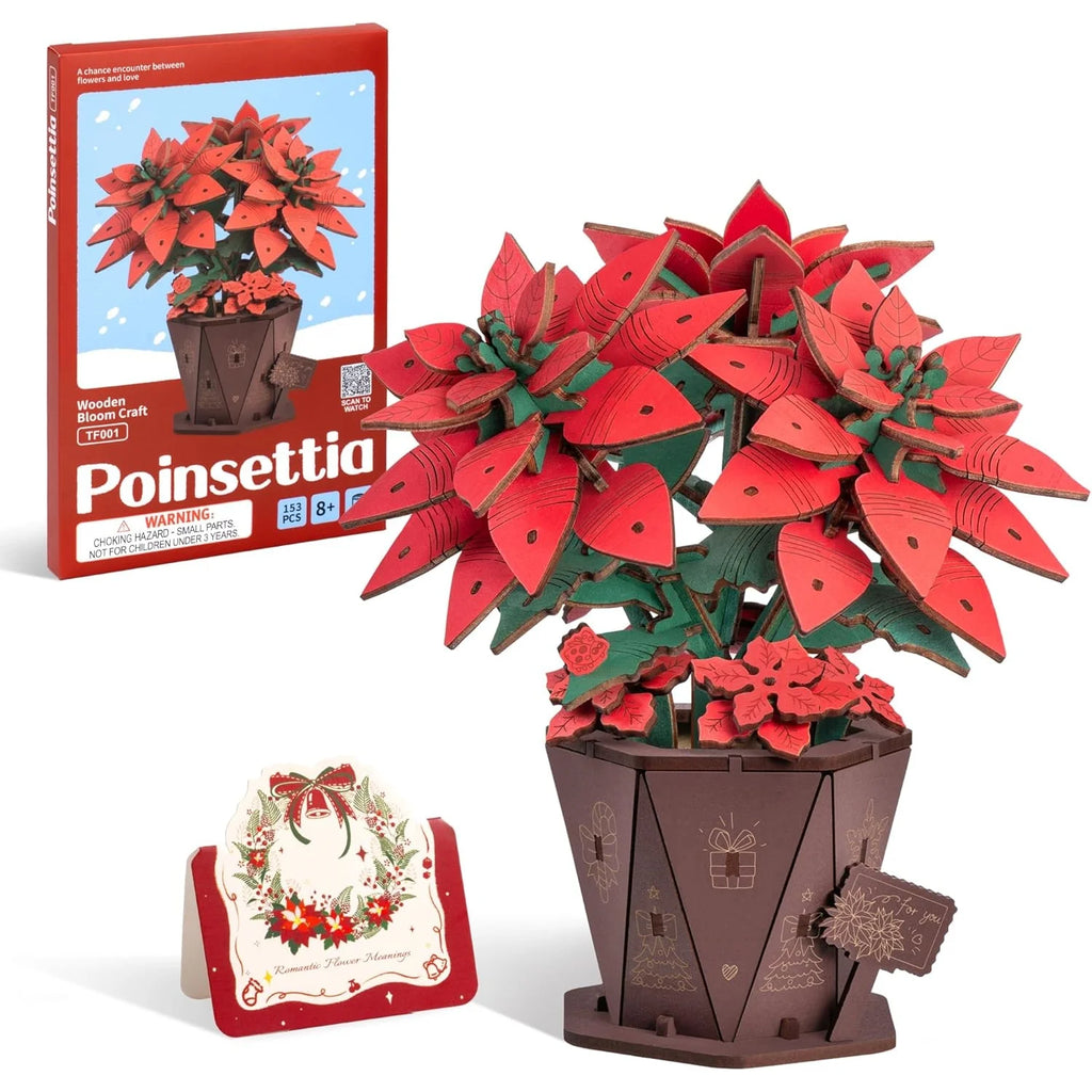 Rolife Artificial Flower Wooden 3D Puzzle Poinsettia DIY Model Building Kit for Home Decor Mother's Day Valentine's Day Gifts