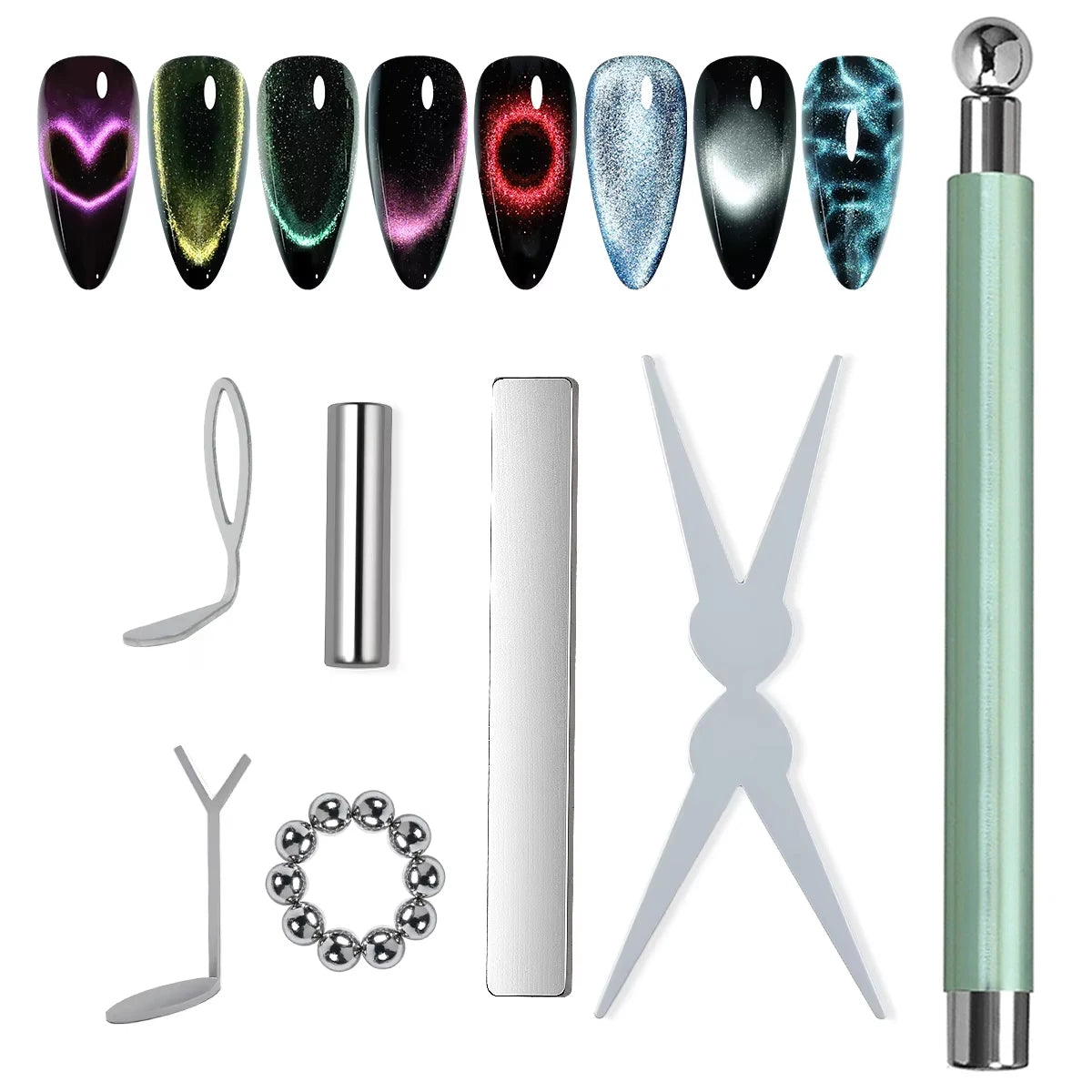 17Pcs Nail Art Nail Magnetic Stick Set Cat Eye Magnetic Ball Aluminum Handle Cylindrical UV Gel Magnet Tools Nail Design Tools