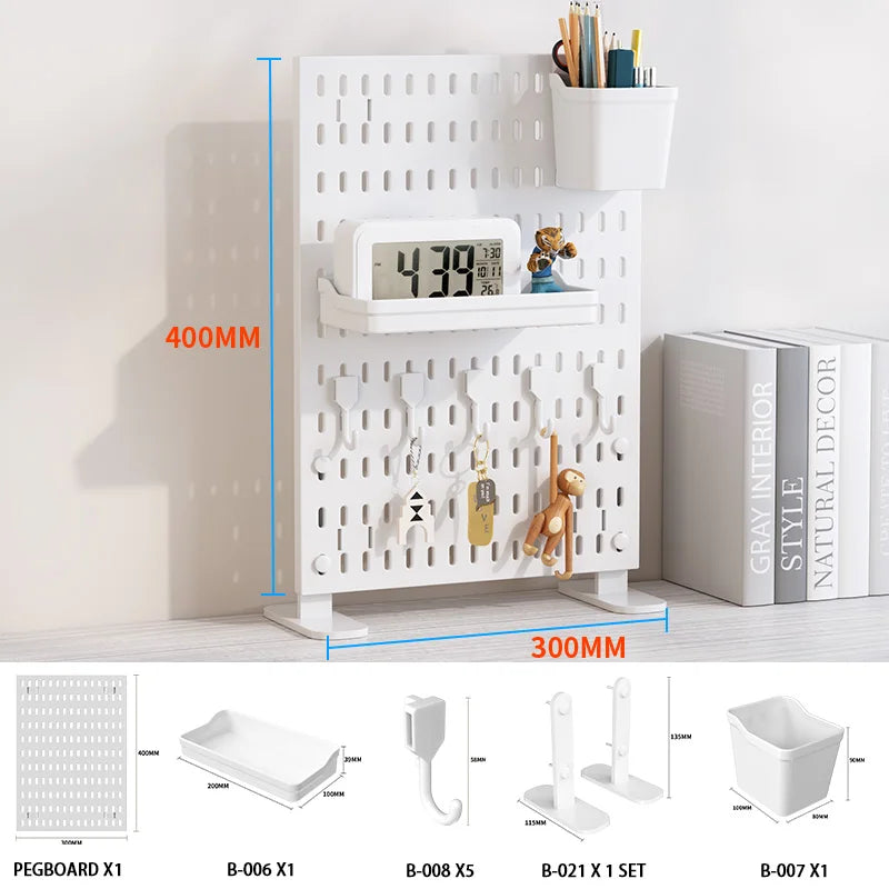 Home & Office Desktop Pegboard: Height-Adjustable Standing Storage Rack for Supplies, Also for Decorative Figurine Display