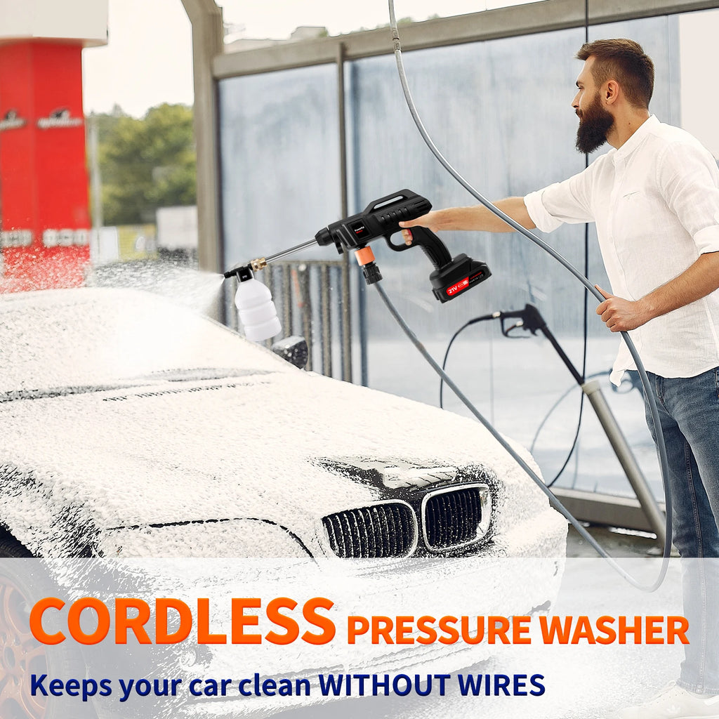 21V Cordless High Pressure Washer 60Bar Portable Wireless Cleaner with 2 Batteries Foam Cannon & Nozzles Handheld Washer for Car Garden Patio Outdoor Cleaning