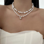 Rinhoo Double Layer Imitation Pearl Choker Necklace for Women Elegant Heart Pendant Necklace Versatile Jewelry Gift