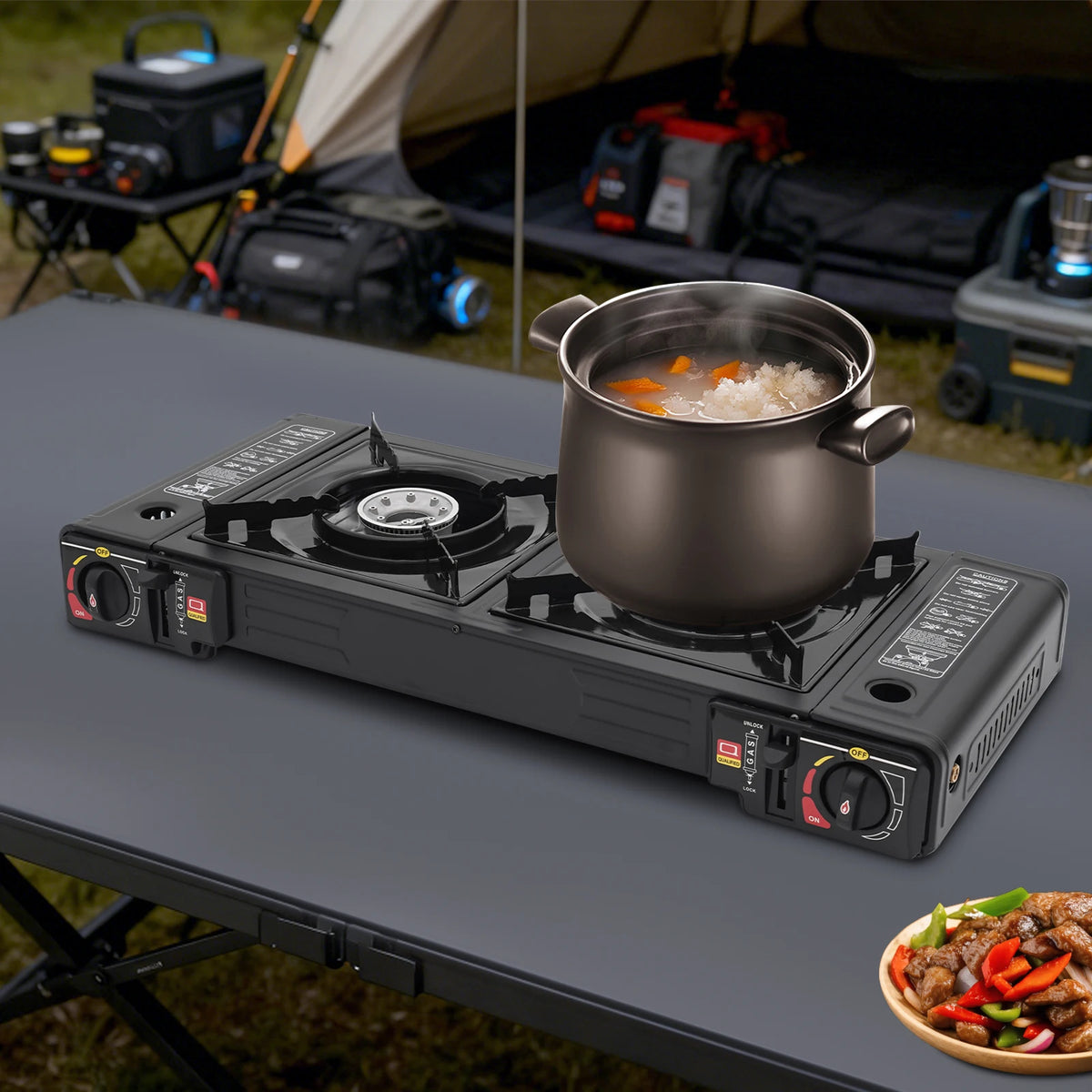 2 Burners Portable Camping Stove, 2.5KW Auto Ignition Butane/LPG Gas Stove w/Baking Tray+Carrying Case for RV Outdoor Picnic BBQ