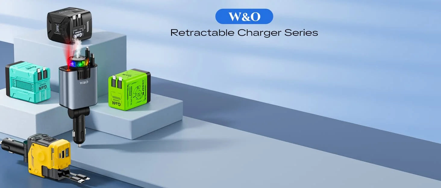 W & O 60W GAN Fast Charger for iPhone, Retractable Phone Charger Wall Plug with Type‑C & Compatible Lightning Cables, for iPhone 17/16/15, Galaxy S25/24, Android Devices