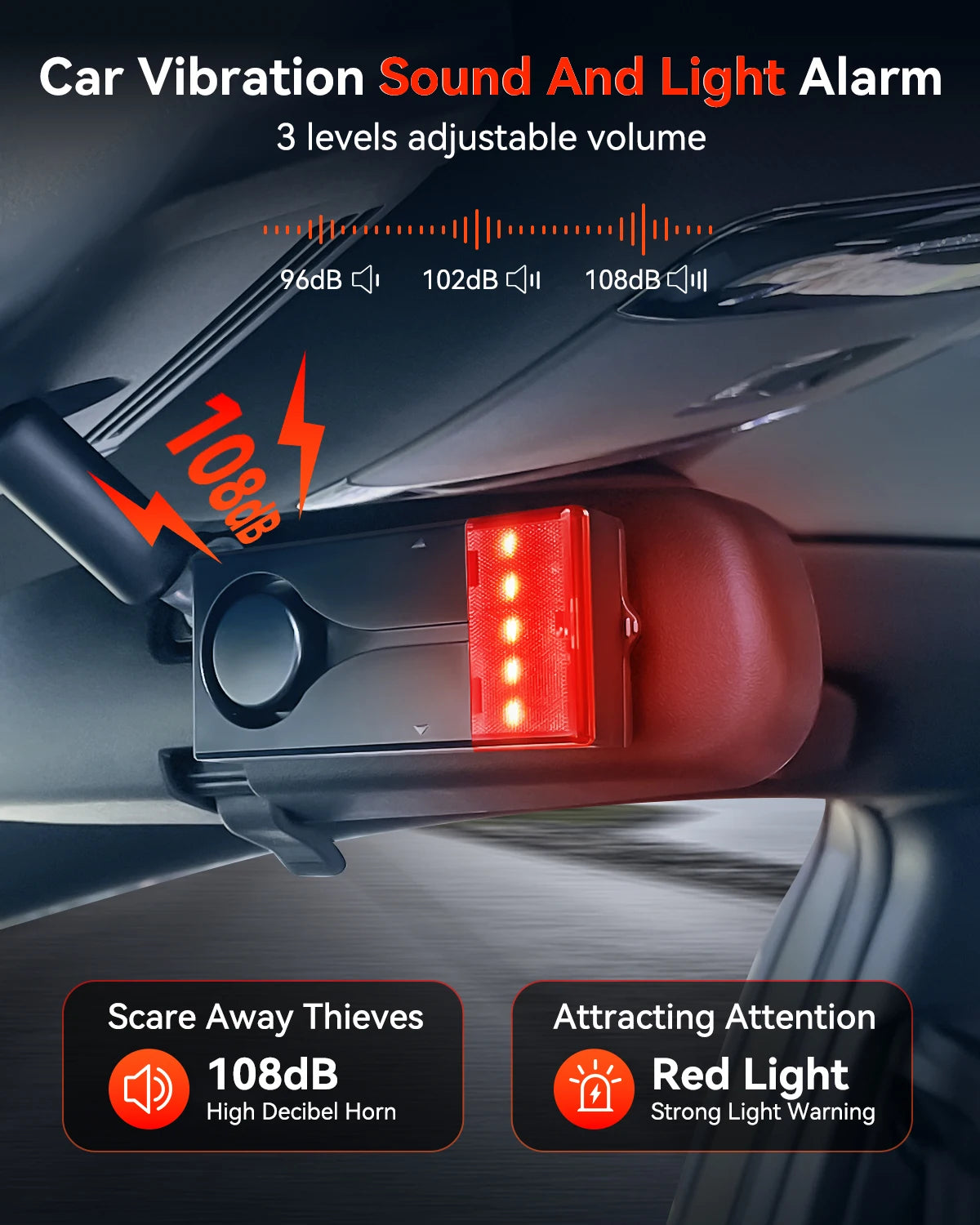Wireless Car Vibration Burglar Alarm With Light 108dB Loud Car Door And Window Anti Theft Alarm Bike Motorcycle Security Alarm
