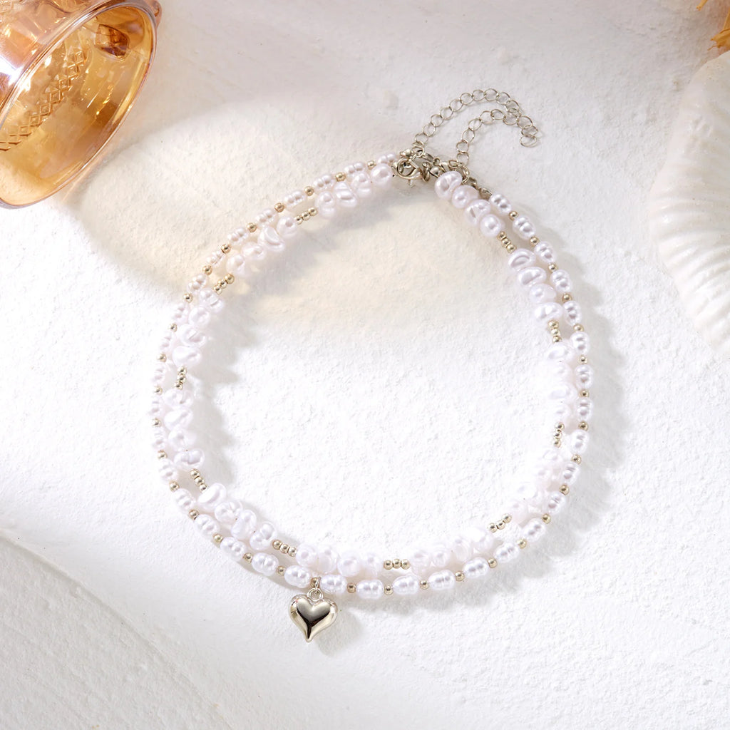 Rinhoo Double Layer Imitation Pearl Choker Necklace for Women Elegant Heart Pendant Necklace Versatile Jewelry Gift