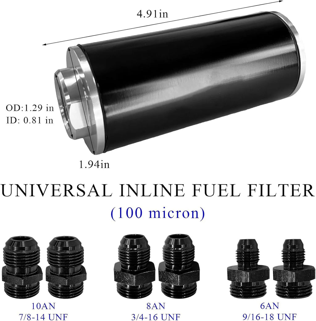 High Flow Inline Fuel Filter 100 Micron Cleanable 6AN 8AN 10AN Adapter Universal