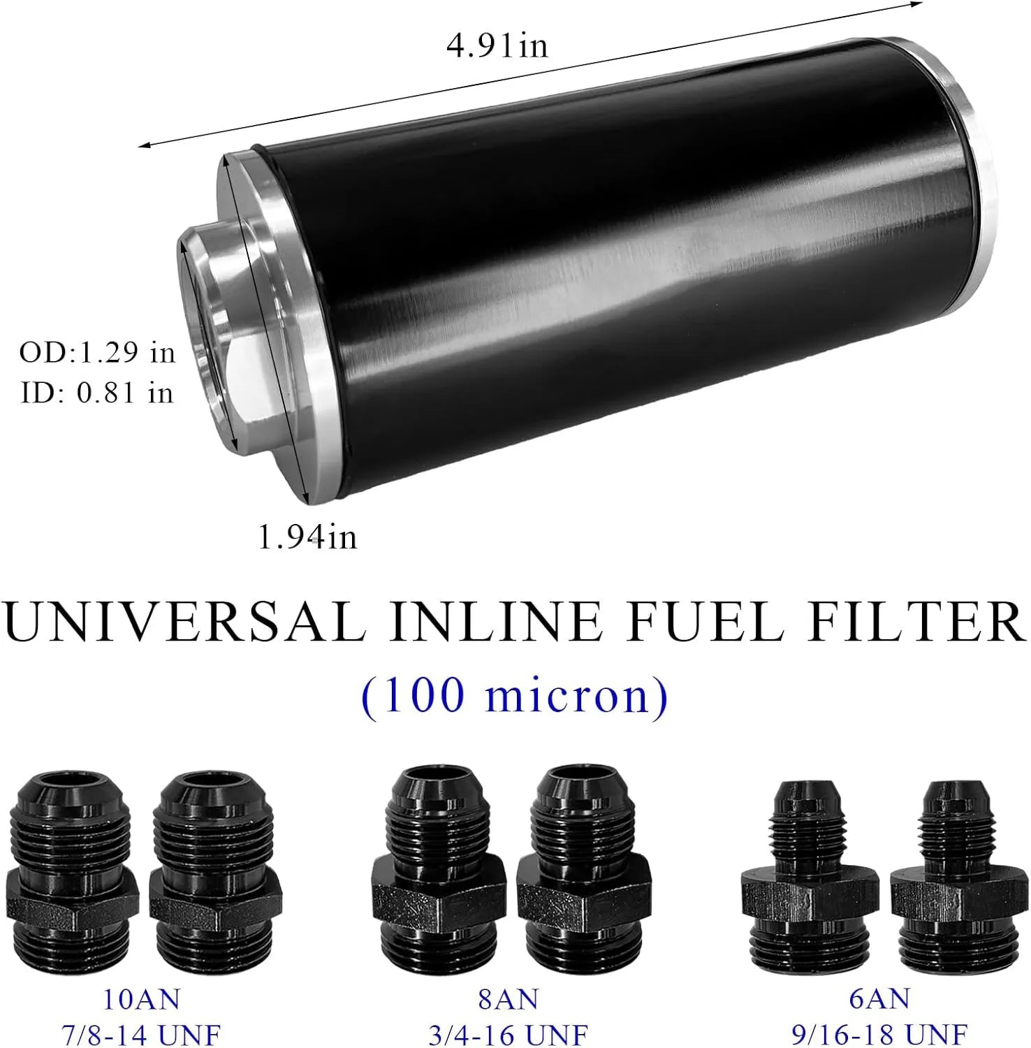 High Flow Inline Fuel Filter 100 Micron Cleanable 6AN 8AN 10AN Adapter Universal