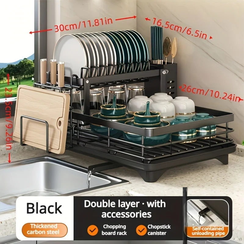 2-Tier Expandable Dish Drying Rack, Metal Kitchen Dish Rack and Drainboard Set with Knife Fork Holder & Cutting Board Organizer for Countertop