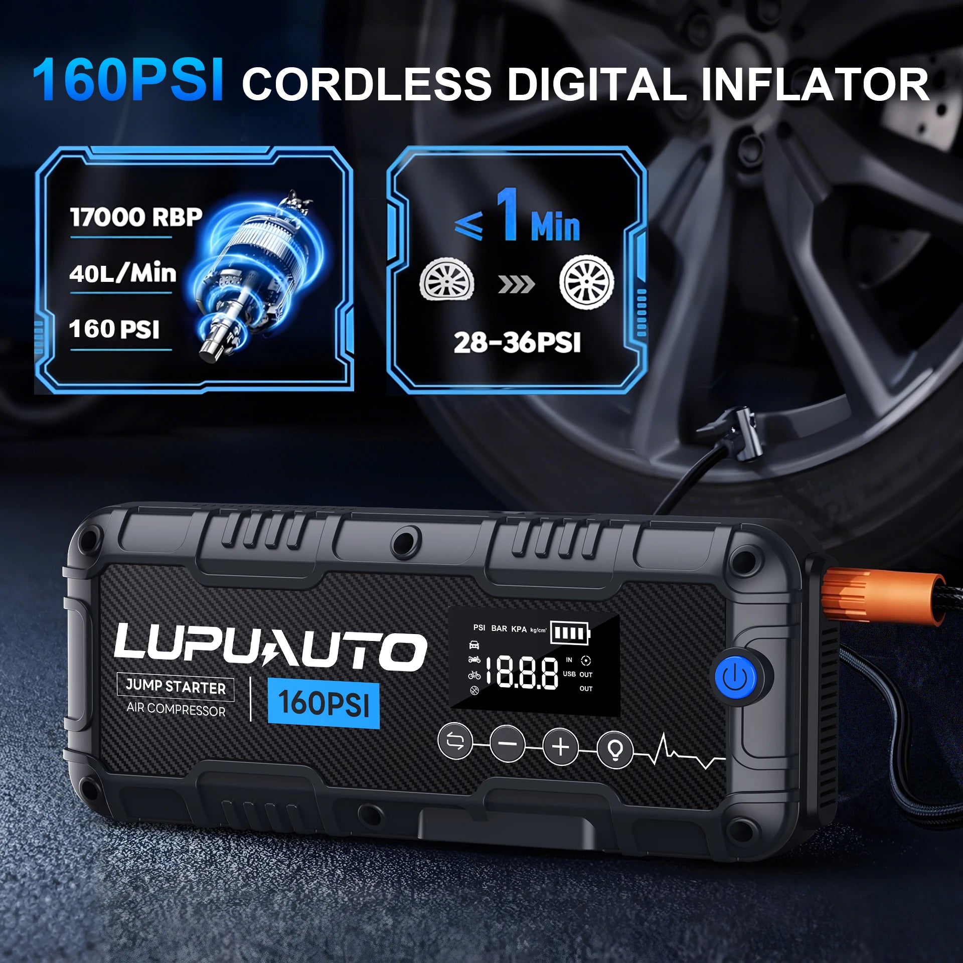 4 In 1 Car Jump Starter with LED Lighting 4000A Portable Car Battery Charger Power Bank Tire Inflator Pump 160PSI Air Compressor