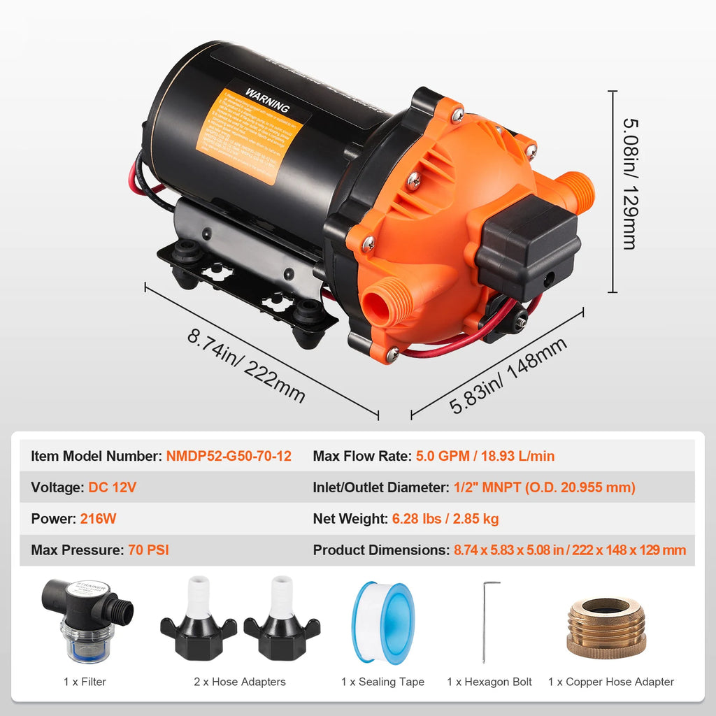 SucceBuy 12V Diaphragm Pump 1.8/3/3.5/5 GPM 3/4/5-Chamber 40-100 PSI Adjustable 1/2'' MNPT Port for RV Yacht Food Truck Camper